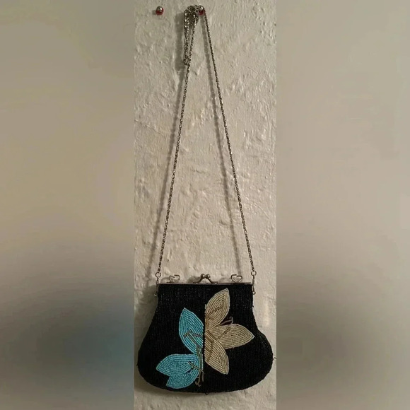 Black beaded evening clutch / shoulder bag with teal and cream leaf detail, 90s - Picture 2 of 4